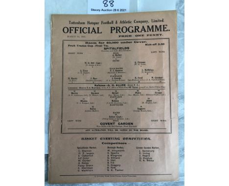 1932/33 Spitalfields v Covent Garden Football Programme: Played at Tottenham. Fruit Trades Cup Final. Single sheet in excelle