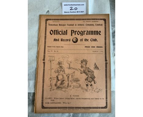 1913/1914 Tottenham Reserves v Fulham Football Programme: South Eastern League dated 9 3 1914. No team changes. Ex bound in e