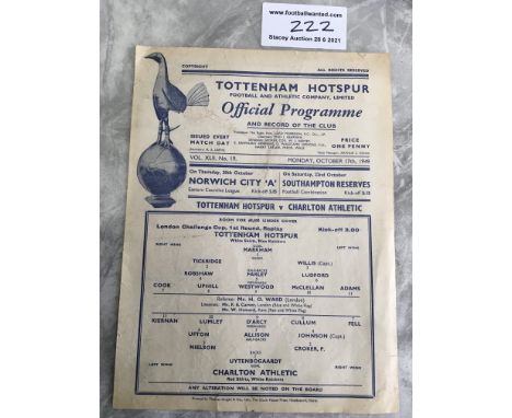 49/50 Tottenham V Charlton LCC Replay Football Programme: London Challenge Cup dated 17 10 1949. Good condition single sheet 
