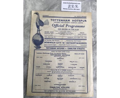 49/50 Tottenham V Charlton LCC Replay Football Programme: London Challenge Cup dated 17 10 1949. Good condition single sheet 