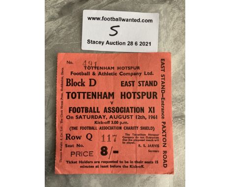 1961 Charity Shield Football Ticket: Tottenham v FA X1 played at Spurs in excellent condition. Very light folding.