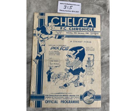 1939/40 Chelsea v Tottenham Football Programme: Good condition with no team changes. Folding. Dated 24 2 1940.