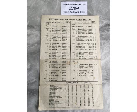 41/42 Crystal Palace v Tottenham Football Programme: Single sheet with no team changes. Good condition London War Football Le