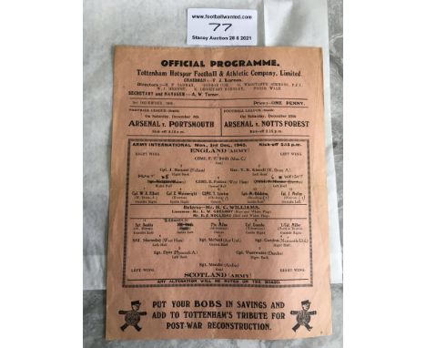 1945 England Army v Scotland Army Football Programme: Played at Tottenham. Fair/good condition single sheet has team changes 