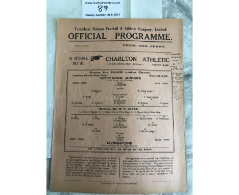 1931/32 London Minor Cup Final Football Programme: Tottenham Juniors v Livingstone single sheet in very good condition. No te