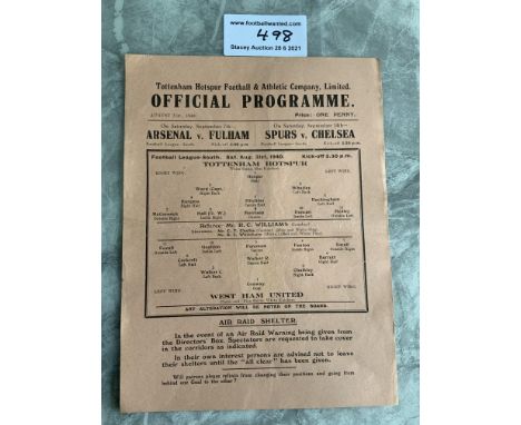 1940/41 Tottenham v West Ham Football Programme: League match dated 31 8 1940 with no team changes. Excellent condition singl