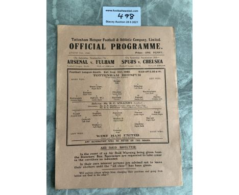 1940/41 Tottenham v West Ham Football Programme: League match dated 31 8 1940 with no team changes. Excellent condition singl