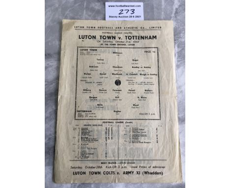 44/45 Luton Town v Tottenham Football Programme: Good condition with slight tear on folding. No team changes on this single s