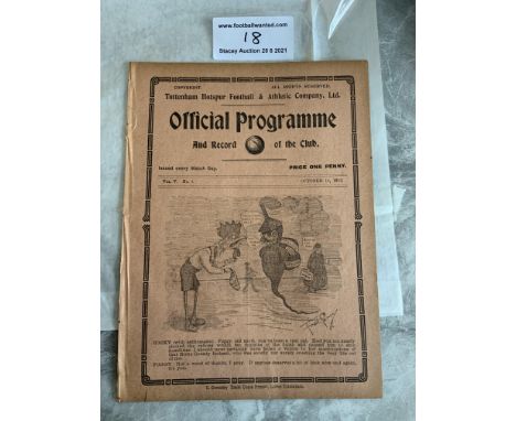 1912/1913 Tottenham Reserves v Watford Football Programme: South Eastern League dated 19 10 1912. Two team changes. Ex bound 