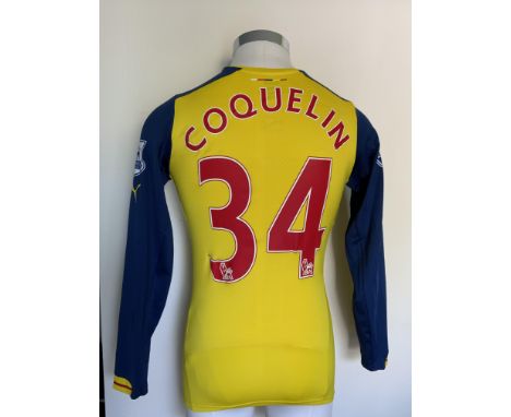 2014/2015 Coquelin Arsenal Match Worn Football Shirt: Premier League match v Liverpool on 21 12 2014. Yellow long sleeve away