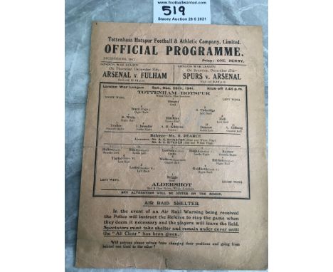 1941/42 Tottenham v Aldershot Football Programme: League match dated 20 12 1941 with no team changes. Fair condition single s