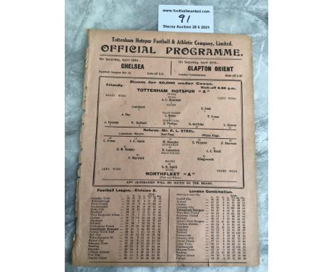 1928/29 Tottenham A v Northfleet A Football Programme: Friendly played at Tottenham. Single sheet in good condition with evid