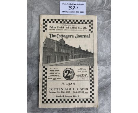 37/38 Fulham v Tottenham Football Programme: Very good condition with no team changes. Dated 16 10 1937.
