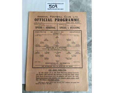 1940/41 Arsenal v Tottenham Football Programme: War Cup match dated 5 4 1941 with no team changes. Good condition single shee