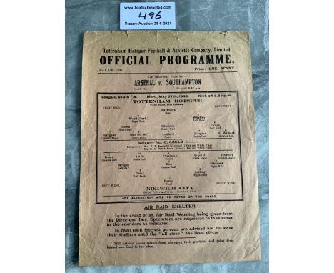 1939/40 Tottenham v Norwich City Football Programme: League match dated 27 5 1940 with no team changes. Fair/good condition s