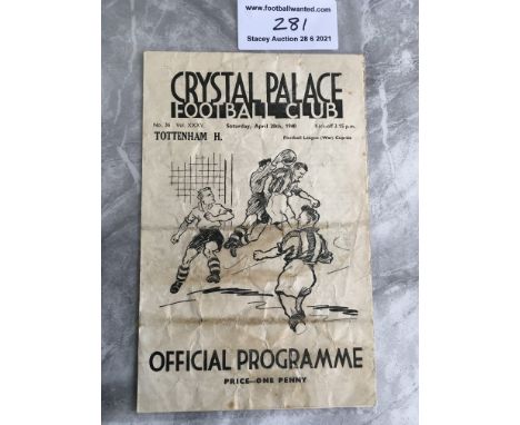 39/40 Crystal Palace v Tottenham Football Programme: Four pager with no team changes. Some grubby marks to cover particularly