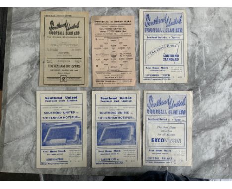 Southend United Reserves v Tottenham Football Programmes: 47/48 cup and 59/60 League have hole punches. 51/52 54/55 55/56 and