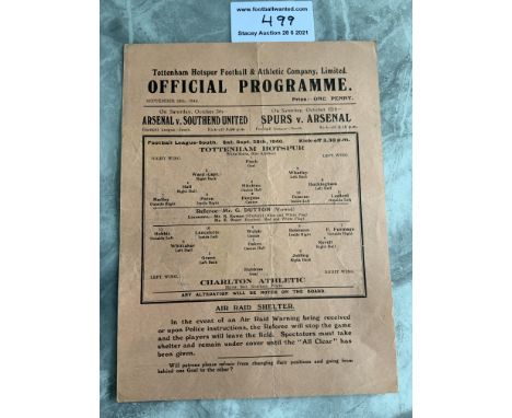 1940/41 Tottenham v Charlton Football Programme: League match dated 28 9 1940 with no team changes. Good condition single she