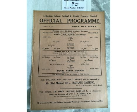 1931/32 Royal Air Force v Royal Horse Guards Football Programme: Played at Tottenham. Single sheet in excellent condition. Ex