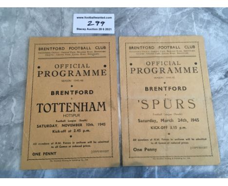 War Time Brentford v Tottenham Football Programmes: Very good condition League matches from 44/45 + 45/46 with no team change