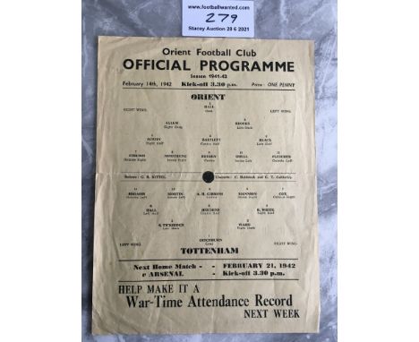 41/42 Orient v Tottenham Football Programme: Good condition single sheet with no team changes. Tiny tear on fold.