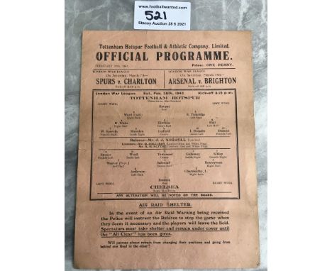1941/42 Tottenham v Chelsea Football Programme: League match dated 28 2 1942 with no team changes. Fair/good condition single