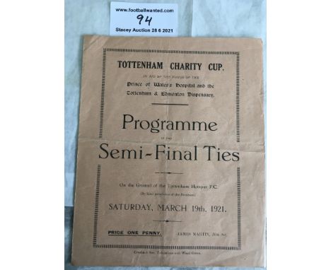 1920/1921 Tottenham Charity Cup Semi Finals Football Programme: Played at Tottenham who hosted both Semi Finals on the same d