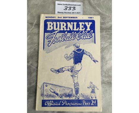 51/52 Burnley v Tottenham Football Programme: Excellent condition with no team changes dated 3 9 1951.