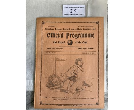 1910/1911 Tottenham Reserves v Tunbridge Wells Football Programme: South Eastern League dated 21 1 1911. No team changes. Ex 