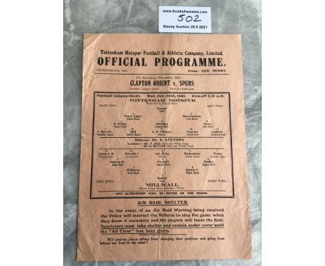 1940/41 Tottenham v Millwall Football Programme: League match dated 25 12 1940 with no team changes. Good condition single sh