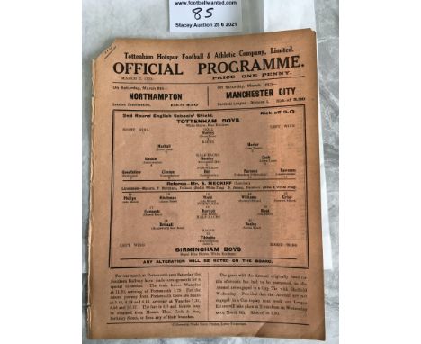 1934/35 Tottenham Boys v Birmingham Boys Football Programme: English Schools Shield. Single sheet is ex bound in fair/good co