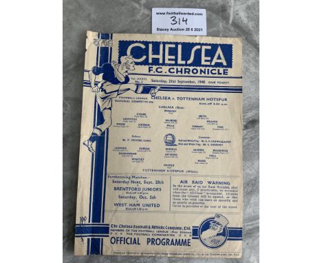 1940/41 Chelsea v Tottenham Football Programme: Good condition single sheet with no team changes. Tear to fold. Dated 21 9 19