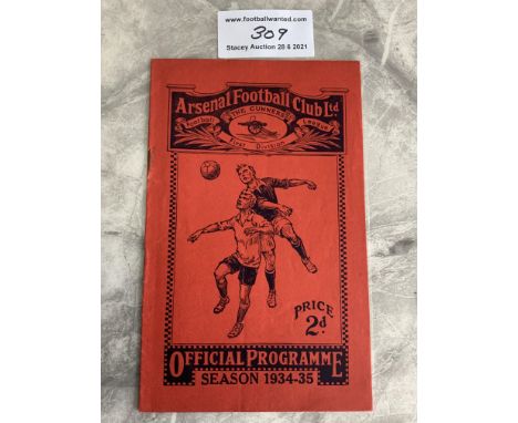 34/35 Arsenal v Tottenham Football Programme: Good condition with team changes. Rusty staple removed.