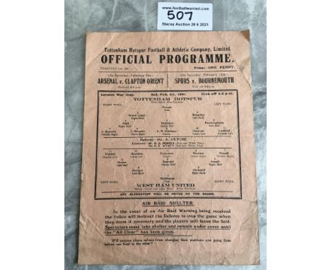 1940/41 Tottenham v West Ham Football Programme: War Cup match dated 1 2 1941 with no team changes. Fair condition single she