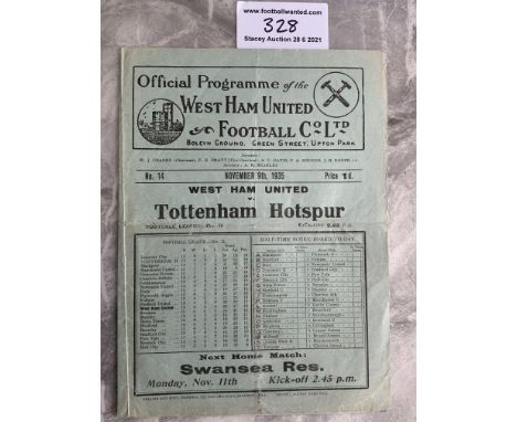 35/36 West Ham v Tottenham Football Programme: Fair condition with no team changes. Dated 9 11 1935. Light tape inside repair