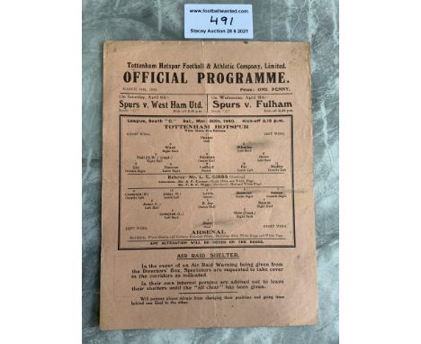 1939/40 Tottenham v Arsenal Football Programme: League match dated 30 3 1940 with no team changes. Good condition single shee