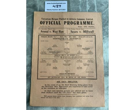 1939/40 Tottenham v Brentford Football Programme: League match dated 9 3 1940 with no team changes. Good condition single she