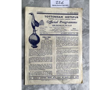 50/51 Tottenham Practice Match Football Programme: Whites v Reds dated 12 8 1950. Programme number 1 from the season Spurs wo