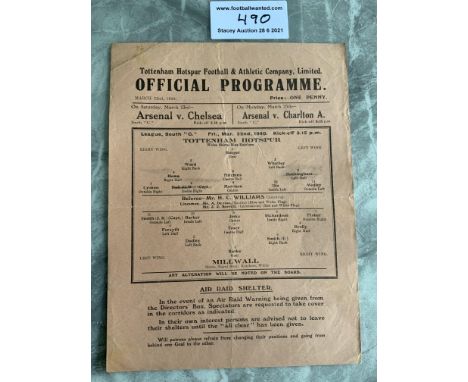 1939/40 Tottenham v Millwall Football Programme: League match dated 22 3 1940 with no team changes. Good condition single she