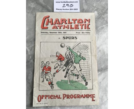 41/42 Charlton v Tottenham Football Programme: Single sheet with no team changes. Good condition dated 29 11 1941. Folding.