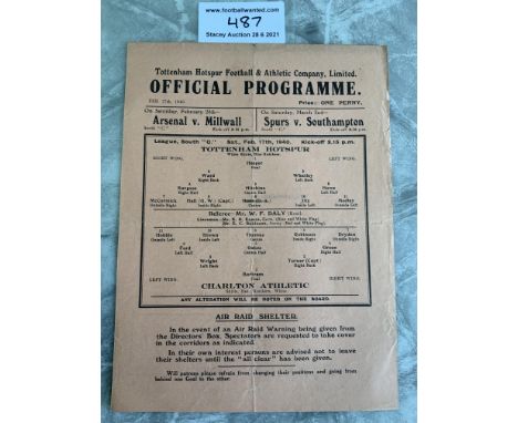 1939/40 Tottenham v Charlton Football Programme: League match dated 17 2 1940 with no team changes. Good condition single she