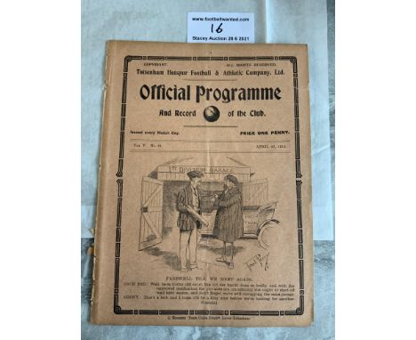 1912/1913 Tottenham Reserves v Tunbridge Wells Football Programme: South Eastern League dated 26 4 1913. No team changes. Evi