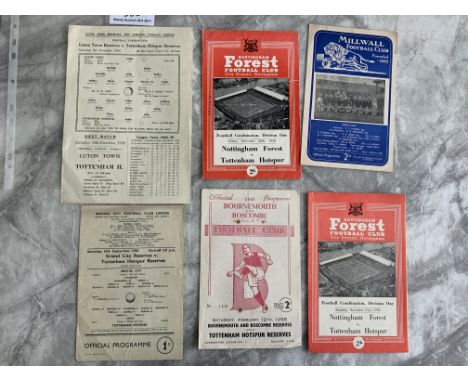 Tottenham 1950s Away Reserve Football Programmes: 54/55 Bournemouth 56/57 Millwall 58/59 Notts Forest Bristol City Luton + 59