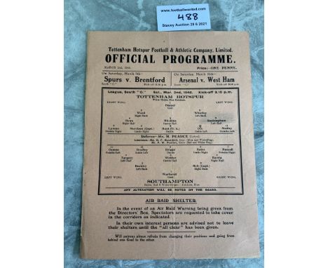 1939/40 Tottenham v Southampton Football Programme: League match dated 2 3 1940 with no team changes. Excellent condition sin