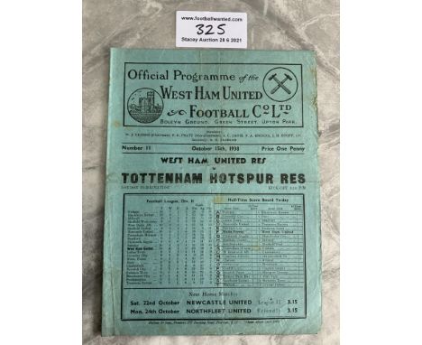 38/39 West Ham v Tottenham London Combination Football Programme: Fair/good condition with no team changes. Dated 15 10 1938 