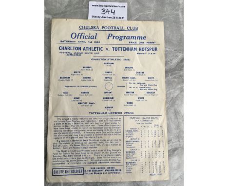 1944 Charlton v Tottenham Semi Final Football Programme: Single sheet played at Chelsea for the League South Cup. Good with n