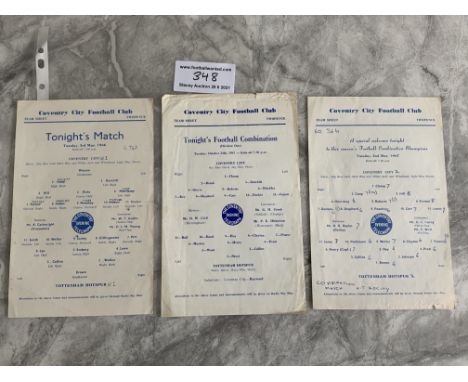 Coventry Reserves v Tottenham Football Programmes: Combination matches with 2 having team changes. Seasons 65/66 66/67 and 67