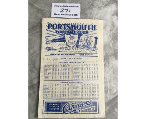 45/46 Portsmouth v Tottenham Football Programme: Good condition with date written to front. No team changes. Tear on spine ma