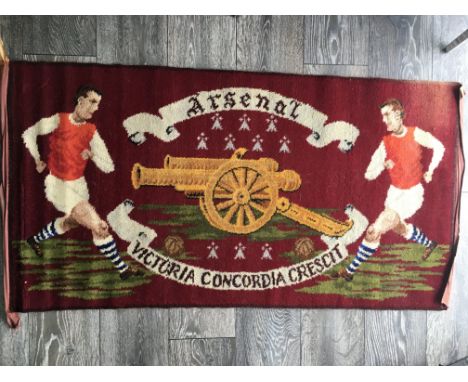 Arsenal 1960s Football Rug: Produced in the late 60s by Axminster. Features two Arsenal players with cannon below the word Ar