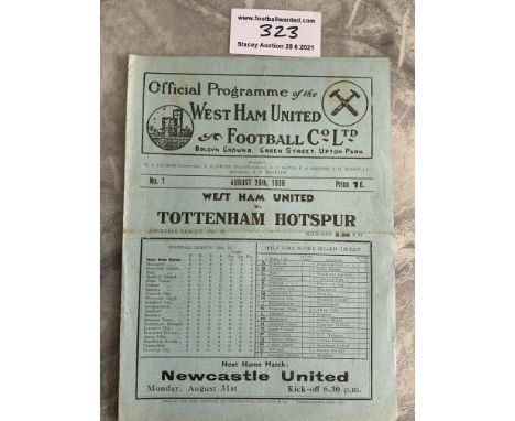 36/37 West Ham v Tottenham Football Programme: Good condition with no team changes. Dated 29 8 1936. Fold.